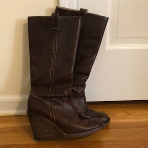 Frye knee high brown wedge boots